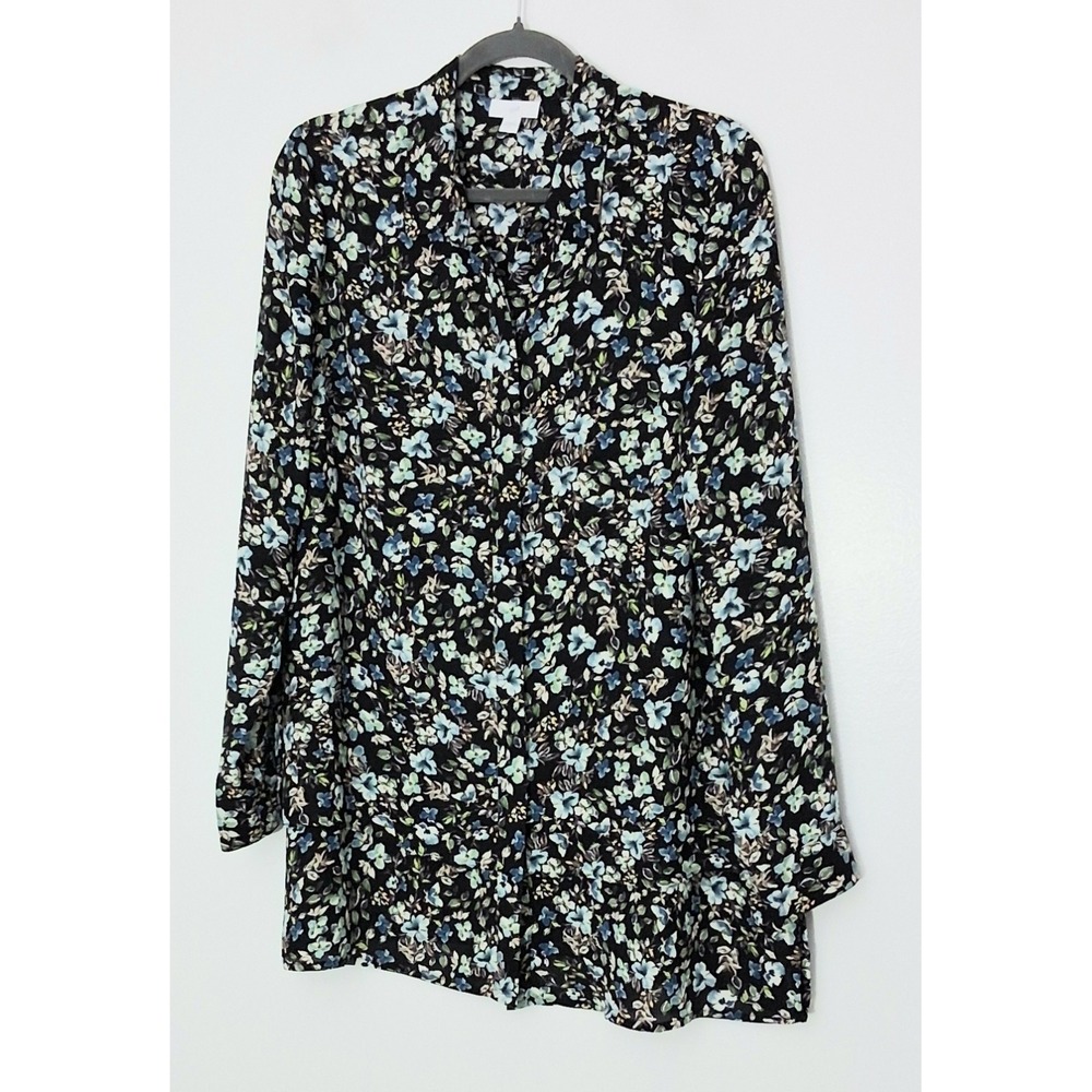 J Jill Tunic Top Women's Size M Black Blue Floral Layered Button Up Pre-owned